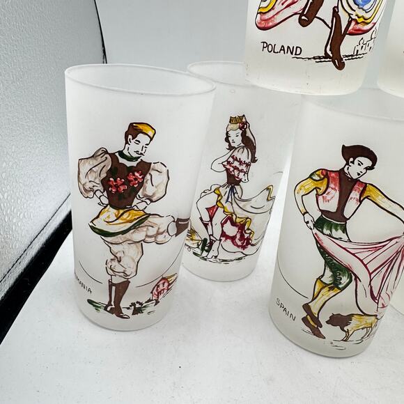 Set of 6 Vintage Frosted Federal Glass Around the World Cocktail Glasses - Picture 9 of 9
